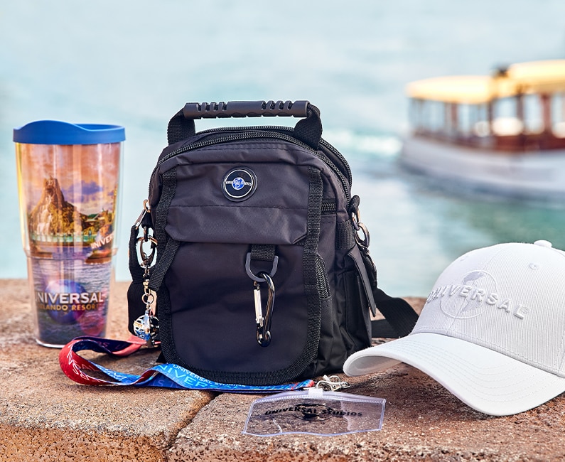 Universal Studios 3-Park Tumbler, Red & Blue Lanyard with Pouch, Spinning Globe Keychain, Day Pack, and Logo Adult Cap